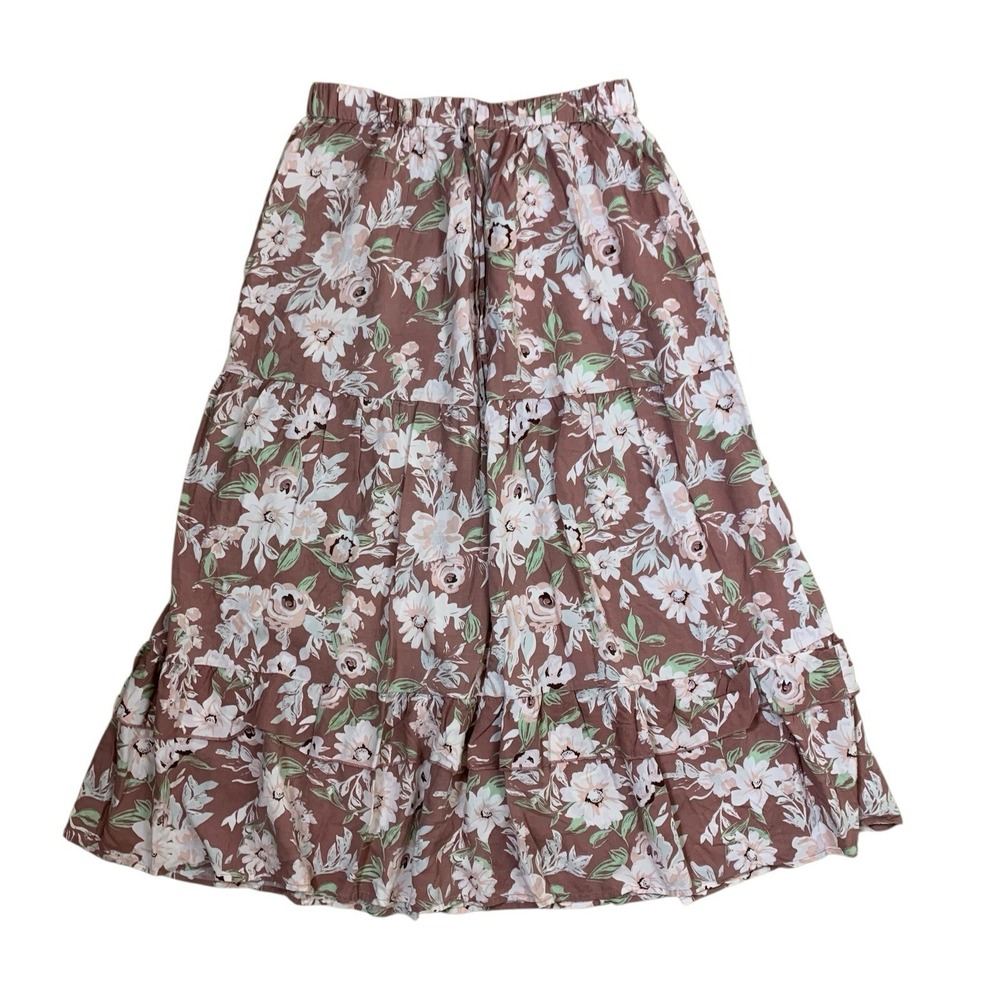 Luna Skies Floral Tiered Midi Skirt Boho Cottagecore Flowy Pink XL